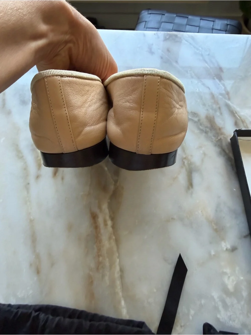 CHANEL Beige and Black Leather Cap-Toe Ballet Flats